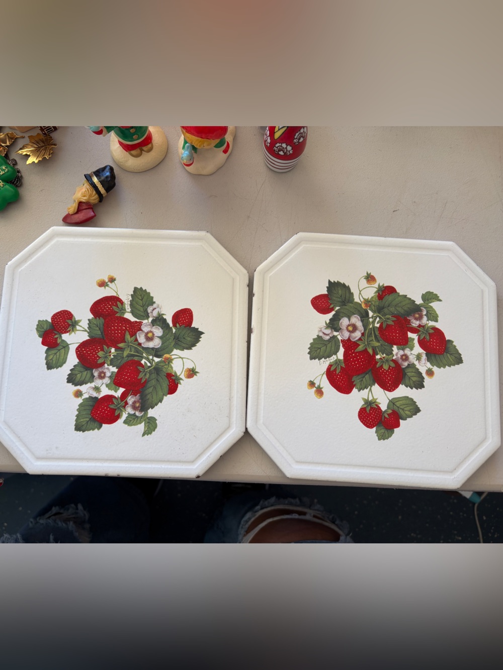 Vintage Strawberry ceramic tile pieces- Red & Green Floral Set